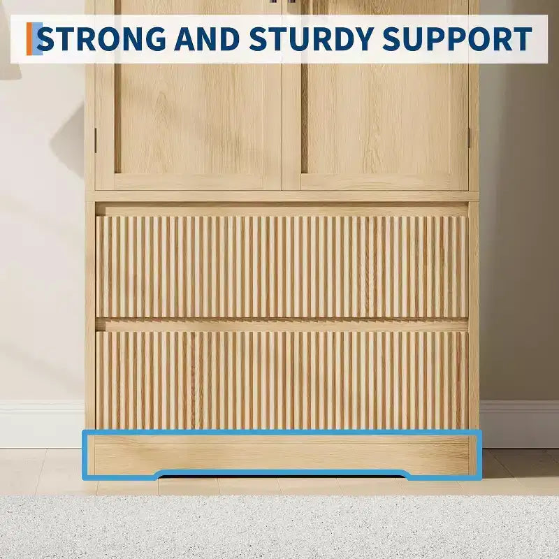 Acekool Kleiderschrank für Schlafzimmer, MDF- & Spanplatte, Wellenfronttüren aus Glas, Kleiderstange, 2 Schubladen, Regale, Naturholzton