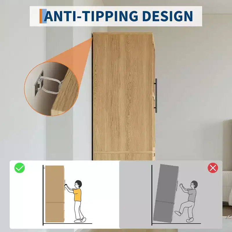 Acekool Kleiderschrank für Schlafzimmer, MDF- & Spanplatte, Wellenfronttüren aus Glas, Kleiderstange, 2 Schubladen, Regale, Naturholzton