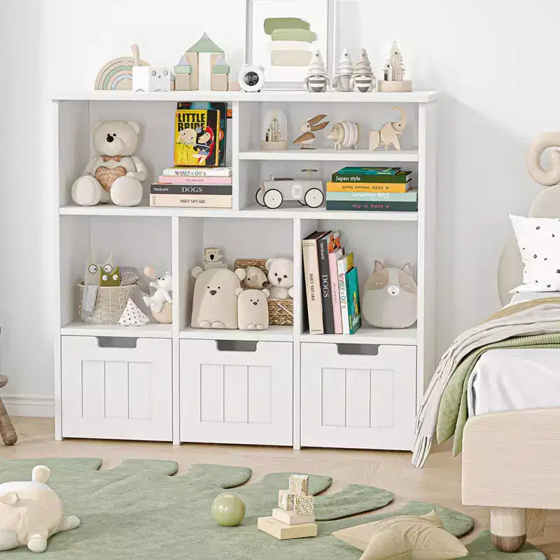 Toy Storage Organizer, Kids Bookcase Toy Chest with 3 Movable Drawers & Hidden Wheels - White (Bedroom/Playroom/Nursery)