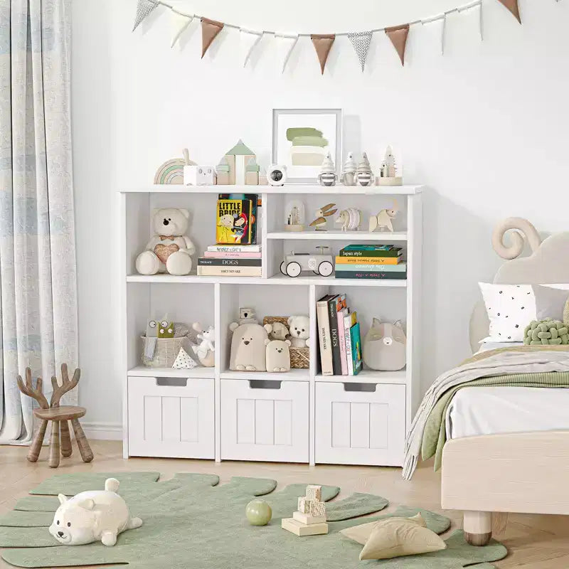 Spielzeug-Aufbewahrungs-Organizer, Kinder-Bücherregal-Spielzeugkiste mit 3 beweglichen Schubladen & versteckten Rollen - Weiß (Schlafzimmer/Spielzimmer/Kinderzimmer)