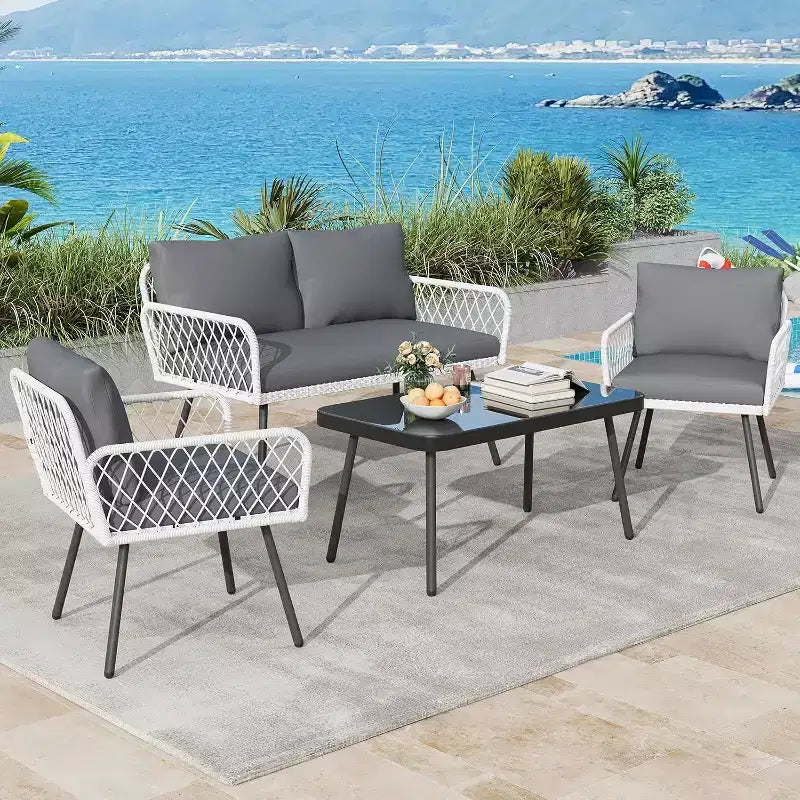 Acekool 3-Piece Patio Furniture Set with 2 PE Wicker Chairs & Loveseat, Glass Top Coffee Table, Outdoor Seating with Cushions for Balcony & Garden