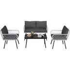 Acekool 3-teiliges Terrassenmöbel-Set mit 2 PE-Rattanstühlen & Liebessitz, Couchtisch mit Glasplatte, Outdoor-Sitzgelegenheiten mit Kissen für Balkon & Garten