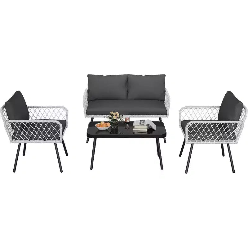 Acekool 3-teiliges Terrassenmöbel-Set mit 2 PE-Rattanstühlen & Liebessitz, Couchtisch mit Glasplatte, Outdoor-Sitzgelegenheiten mit Kissen für Balkon & Garten
