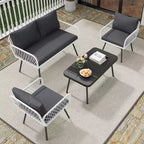 Acekool 3-teiliges Terrassenmöbel-Set mit 2 PE-Rattanstühlen & Liebessitz, Couchtisch mit Glasplatte, Outdoor-Sitzgelegenheiten mit Kissen für Balkon & Garten