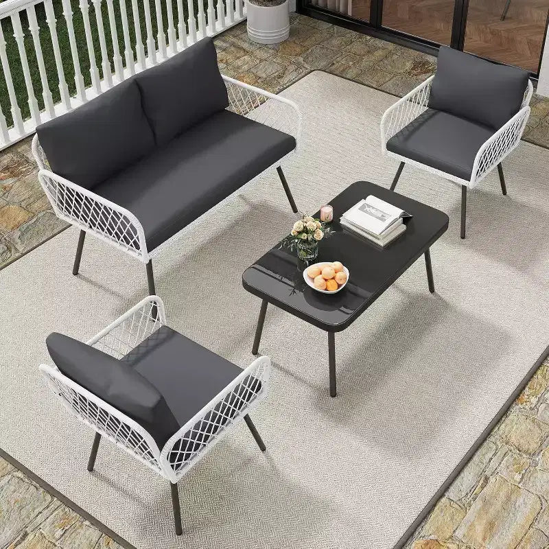 Acekool 3-teiliges Terrassenmöbel-Set mit 2 PE-Rattanstühlen & Liebessitz, Couchtisch mit Glasplatte, Outdoor-Sitzgelegenheiten mit Kissen für Balkon & Garten