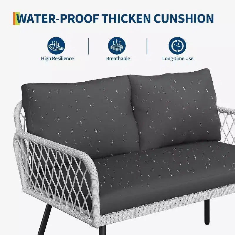 Acekool 3-teiliges Terrassenmöbel-Set mit 2 PE-Rattanstühlen & Liebessitz, Couchtisch mit Glasplatte, Outdoor-Sitzgelegenheiten mit Kissen für Balkon & Garten