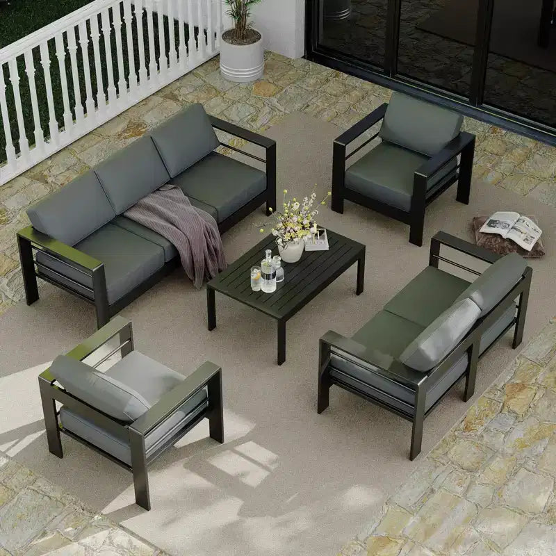 7-Sitzer Terrassenmöbel-Set aus Aluminium, 5-teiliges Outdoor-Sofa-Set, Ecksofa mit 4 Armlehnen und 5 dicken Kissen und Couchtisch