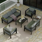 7-Sitzer Terrassenmöbel-Set aus Aluminium, 5-teiliges Outdoor-Sofa-Set, Ecksofa mit 4 Armlehnen und 5 dicken Kissen und Couchtisch