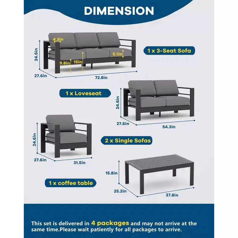 7-Sitzer Terrassenmöbel-Set aus Aluminium, 5-teiliges Outdoor-Sofa-Set, Ecksofa mit 4 Armlehnen und 5 dicken Kissen und Couchtisch