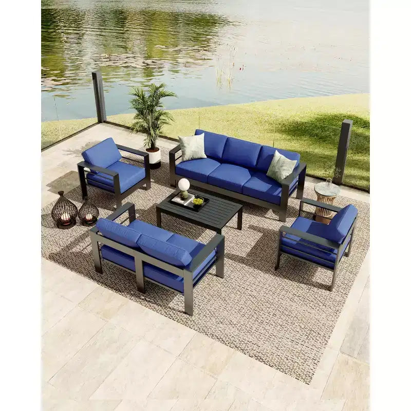 7-Sitzer Terrassenmöbel-Set aus Aluminium, 5-teiliges Outdoor-Sofa-Set, Ecksofa mit 4 Armlehnen und 5 dicken Kissen und Couchtisch