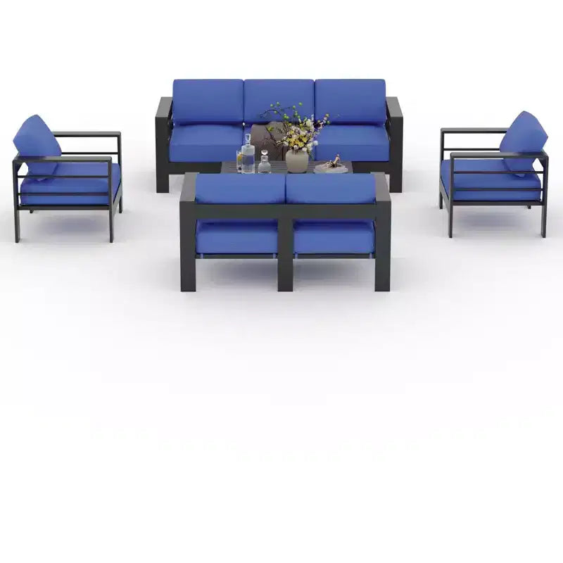 7-Sitzer Terrassenmöbel-Set aus Aluminium, 5-teiliges Outdoor-Sofa-Set, Ecksofa mit 4 Armlehnen und 5 dicken Kissen und Couchtisch