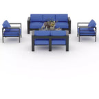 7-Sitzer Terrassenmöbel-Set aus Aluminium, 5-teiliges Outdoor-Sofa-Set, Ecksofa mit 4 Armlehnen und 5 dicken Kissen und Couchtisch