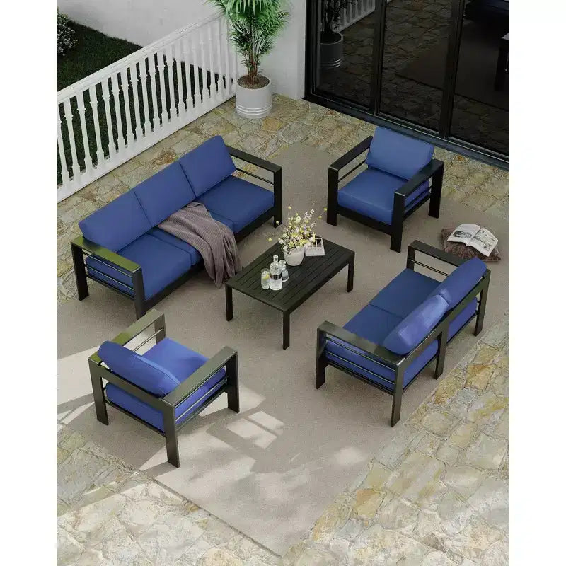 7 Seats Aluminum Patio Furniture Set, 5 Pieces Outdoor Sectional Conversation Set Sectional Sofa with 4 Armrest & 5 Thick Cushions & Coffee Table