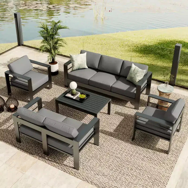 7-Sitzer Terrassenmöbel-Set aus Aluminium, 5-teiliges Outdoor-Sofa-Set, Ecksofa mit 4 Armlehnen und 5 dicken Kissen und Couchtisch