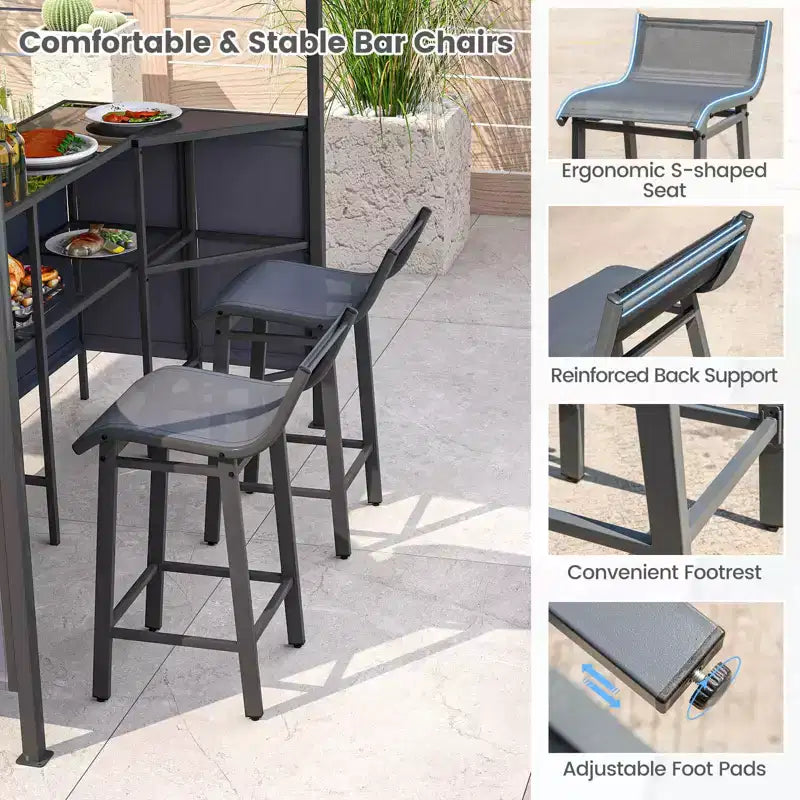 Costway 3-teiliges Terrassen-Barset mit 2 Barhockern, Bartisch aus gehärtetem Glas und Ablagefach
