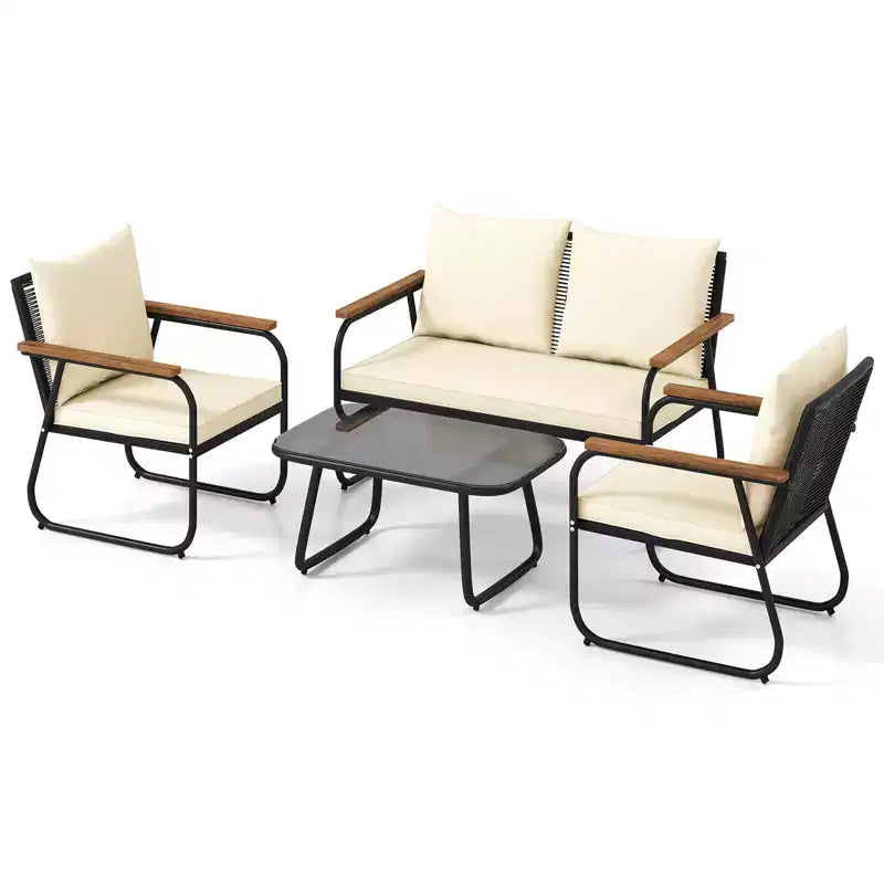 Costway 4/8-teiliges Terrassenmöbel-Set mit Couchtisch aus gehärtetem Glas und PE-Rattanstühlen