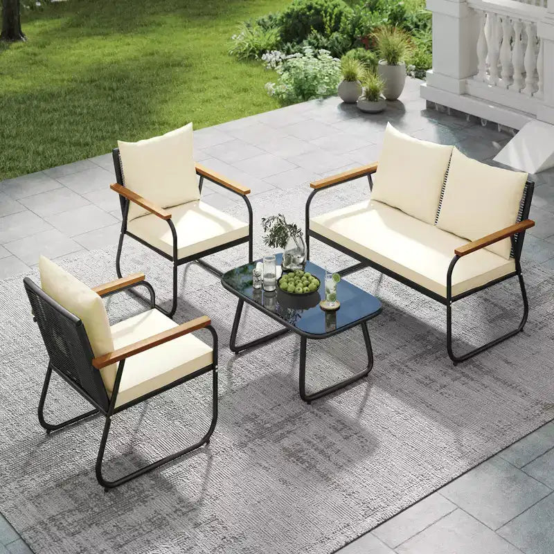 Costway 4/8-teiliges Terrassenmöbel-Set mit Couchtisch aus gehärtetem Glas und PE-Rattanstühlen