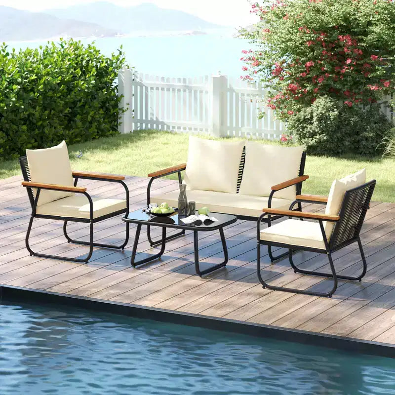 Costway 4/8-teiliges Terrassenmöbel-Set mit Couchtisch aus gehärtetem Glas und PE-Rattanstühlen