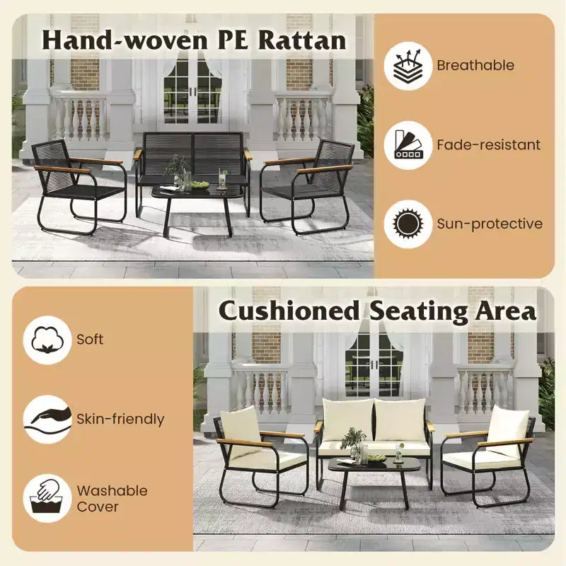 Costway 4/8-teiliges Terrassenmöbel-Set mit Couchtisch aus gehärtetem Glas und PE-Rattanstühlen