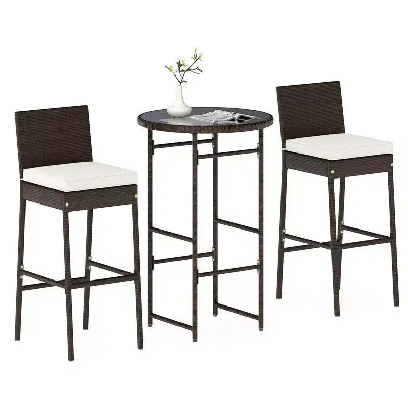 Costway 3-teiliges Outdoor Bar Set mit Bartisch und Stühlen aus Polyrattan mit Glasplatte