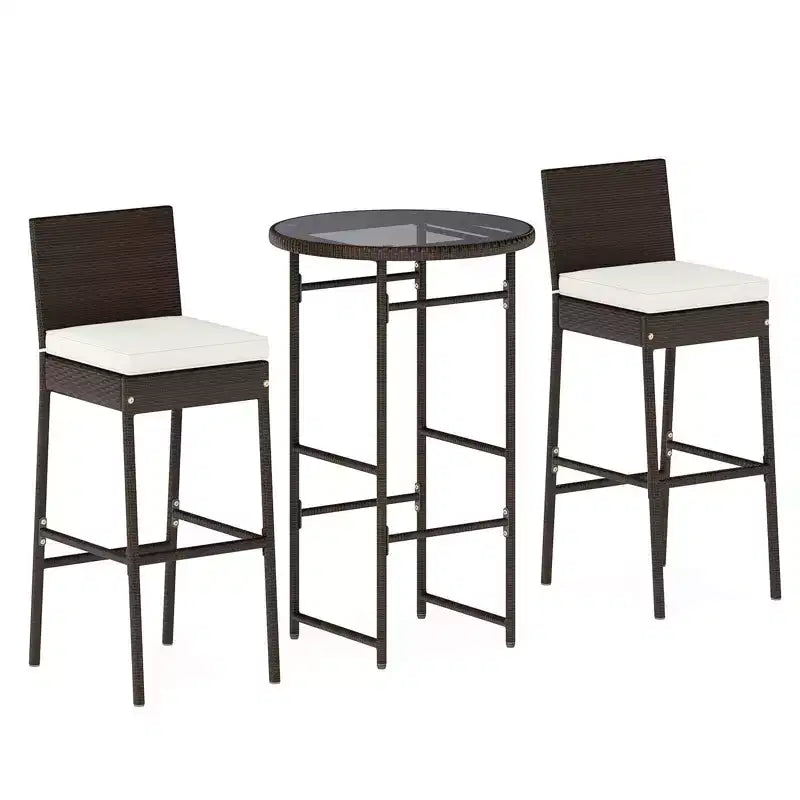 Costway 3-teiliges Outdoor Bar Set mit Bartisch und Stühlen aus Polyrattan mit Glasplatte