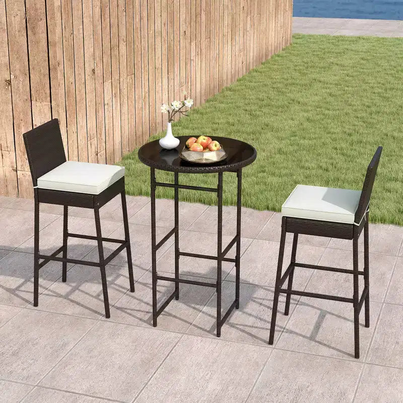 Costway 3-teiliges Outdoor Bar Set mit Bartisch und Stühlen aus Polyrattan mit Glasplatte