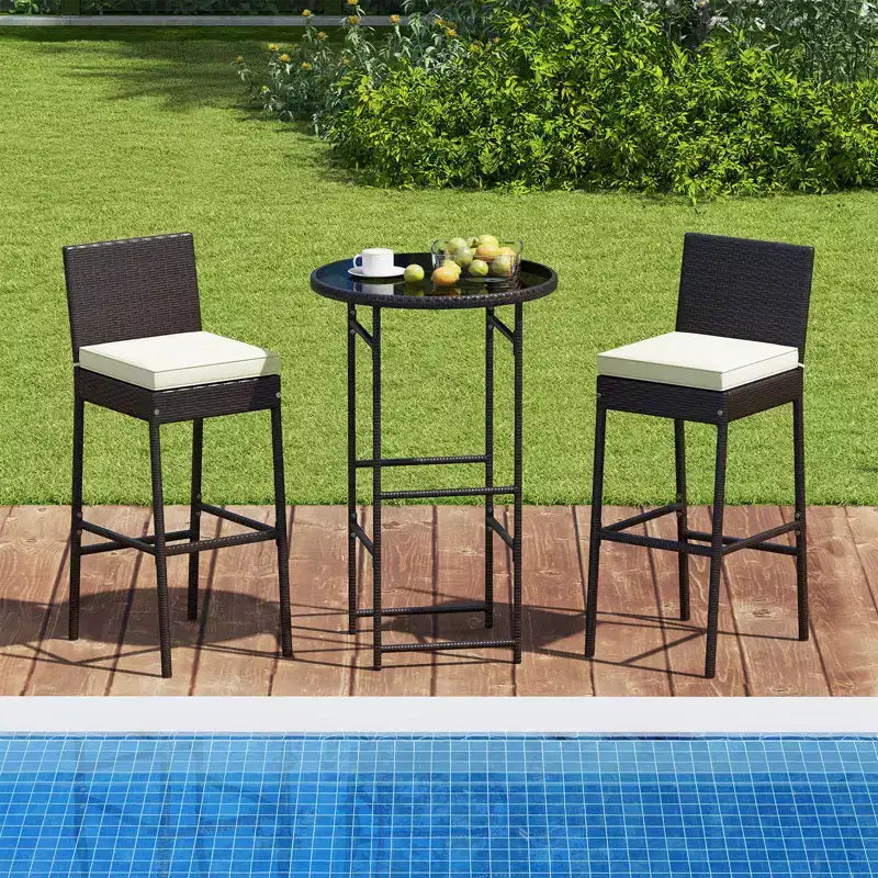 Costway 3-teiliges Outdoor Bar Set mit Bartisch und Stühlen aus Polyrattan mit Glasplatte