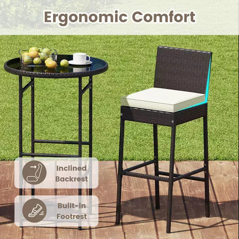 Costway 3-teiliges Outdoor Bar Set mit Bartisch und Stühlen aus Polyrattan mit Glasplatte