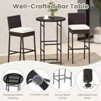 Costway 3-teiliges Outdoor Bar Set mit Bartisch und Stühlen aus Polyrattan mit Glasplatte