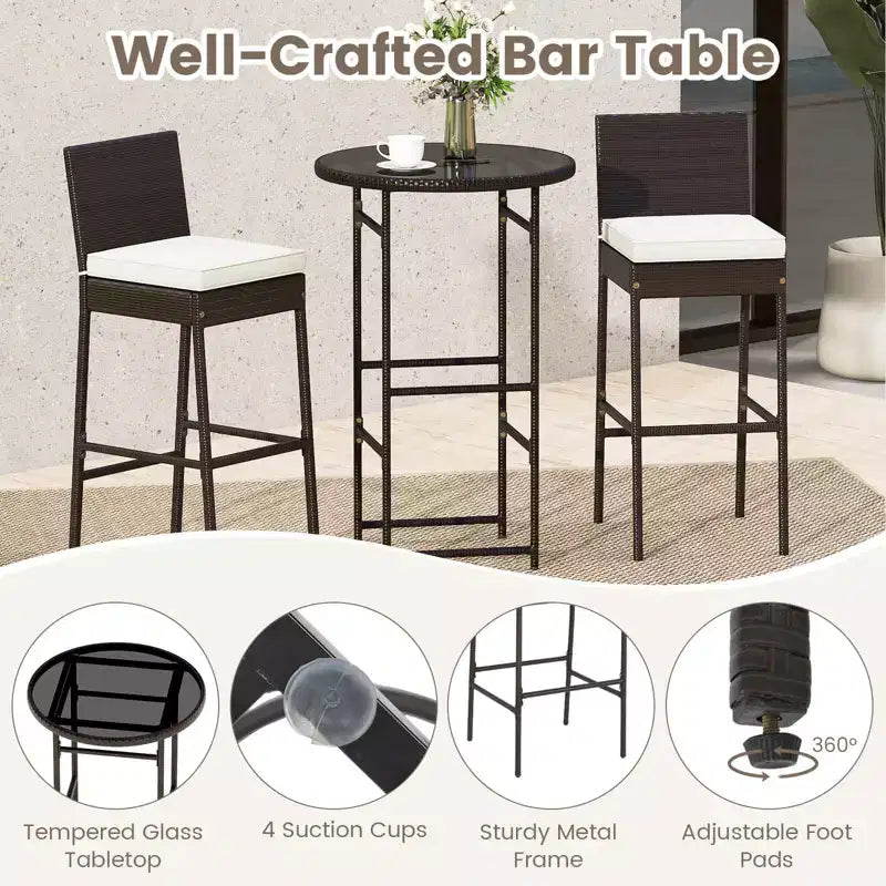 Costway 3-teiliges Outdoor Bar Set mit Bartisch und Stühlen aus Polyrattan mit Glasplatte