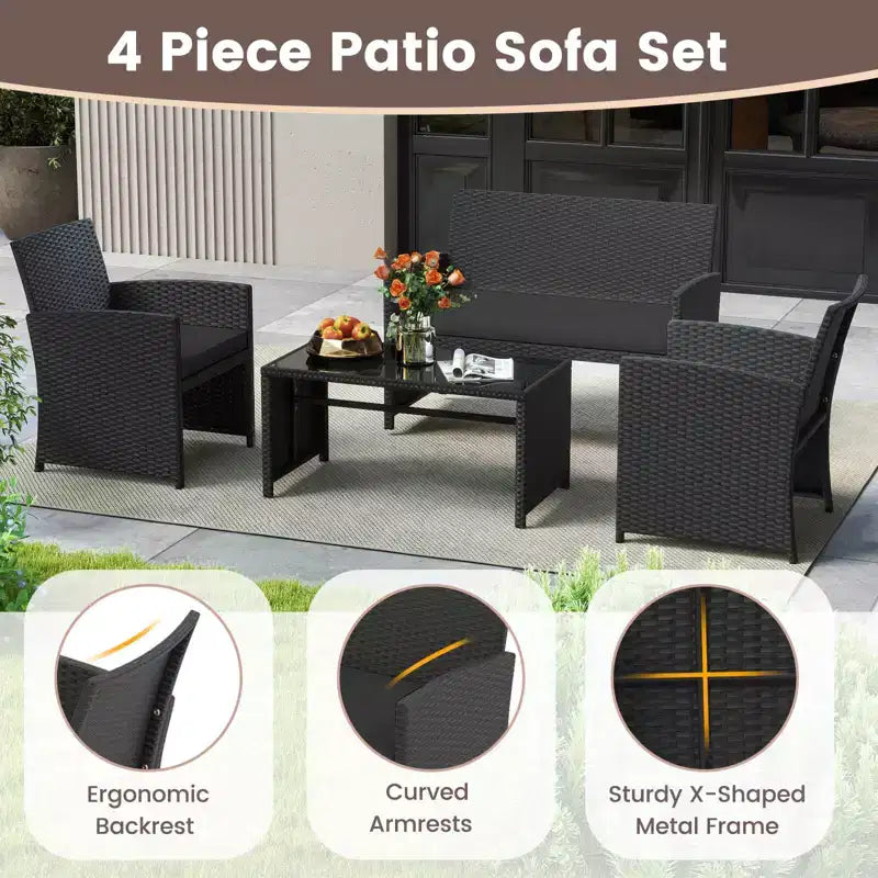 Costway 8-teiliges Terrassen-Sitzgruppen-Set mit Sitzkissen & Tischplatte aus gehärtetem Glas, Outdoor Rot/Schwarz/Off-White/Grau/Türkis/Navy