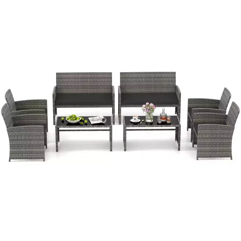 Costway 8-teiliges Terrassen-Sitzgruppen-Set mit Sitzkissen & Tischplatte aus gehärtetem Glas, Outdoor Rot/Schwarz/Off-White/Grau/Türkis/Navy