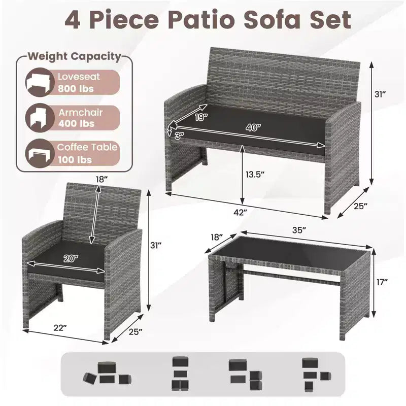 Costway 8-teiliges Terrassen-Sitzgruppen-Set mit Sitzkissen & Tischplatte aus gehärtetem Glas, Outdoor Rot/Schwarz/Off-White/Grau/Türkis/Navy