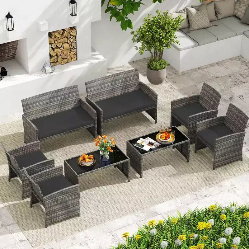 Costway 8-teiliges Terrassen-Sitzgruppen-Set mit Sitzkissen & Tischplatte aus gehärtetem Glas, Outdoor Rot/Schwarz/Off-White/Grau/Türkis/Navy