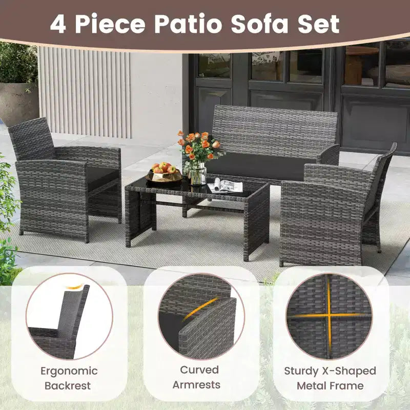 Costway 8-teiliges Terrassen-Sitzgruppen-Set mit Sitzkissen & Tischplatte aus gehärtetem Glas, Outdoor Rot/Schwarz/Off-White/Grau/Türkis/Navy