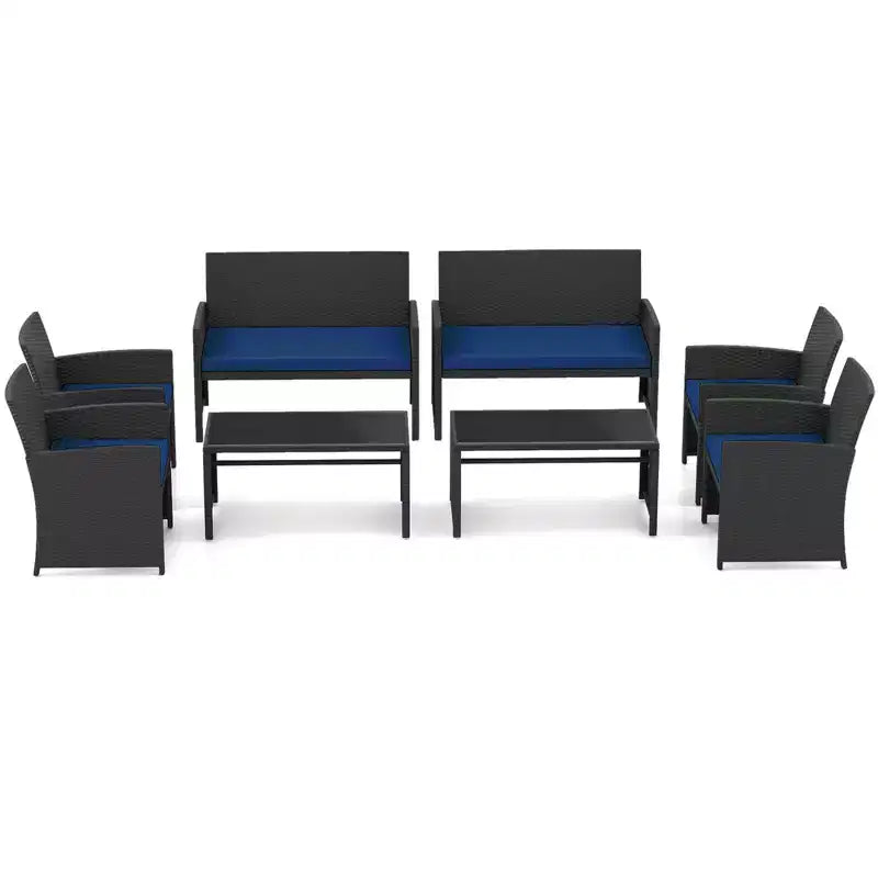 Costway 8-teiliges Terrassen-Sitzgruppen-Set mit Sitzkissen & Tischplatte aus gehärtetem Glas, Outdoor Rot/Schwarz/Off-White/Grau/Türkis/Navy
