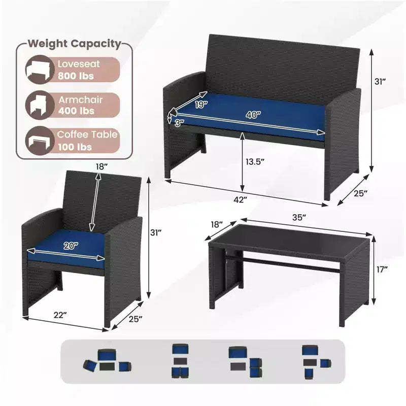 Costway 8-teiliges Terrassen-Sitzgruppen-Set mit Sitzkissen & Tischplatte aus gehärtetem Glas, Outdoor Rot/Schwarz/Off-White/Grau/Türkis/Navy