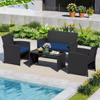 Costway 8-teiliges Terrassen-Sitzgruppen-Set mit Sitzkissen & Tischplatte aus gehärtetem Glas, Outdoor Rot/Schwarz/Off-White/Grau/Türkis/Navy