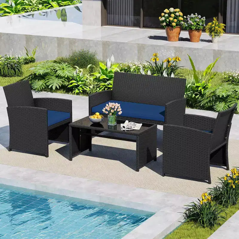 Costway 8-teiliges Terrassen-Sitzgruppen-Set mit Sitzkissen & Tischplatte aus gehärtetem Glas, Outdoor Rot/Schwarz/Off-White/Grau/Türkis/Navy