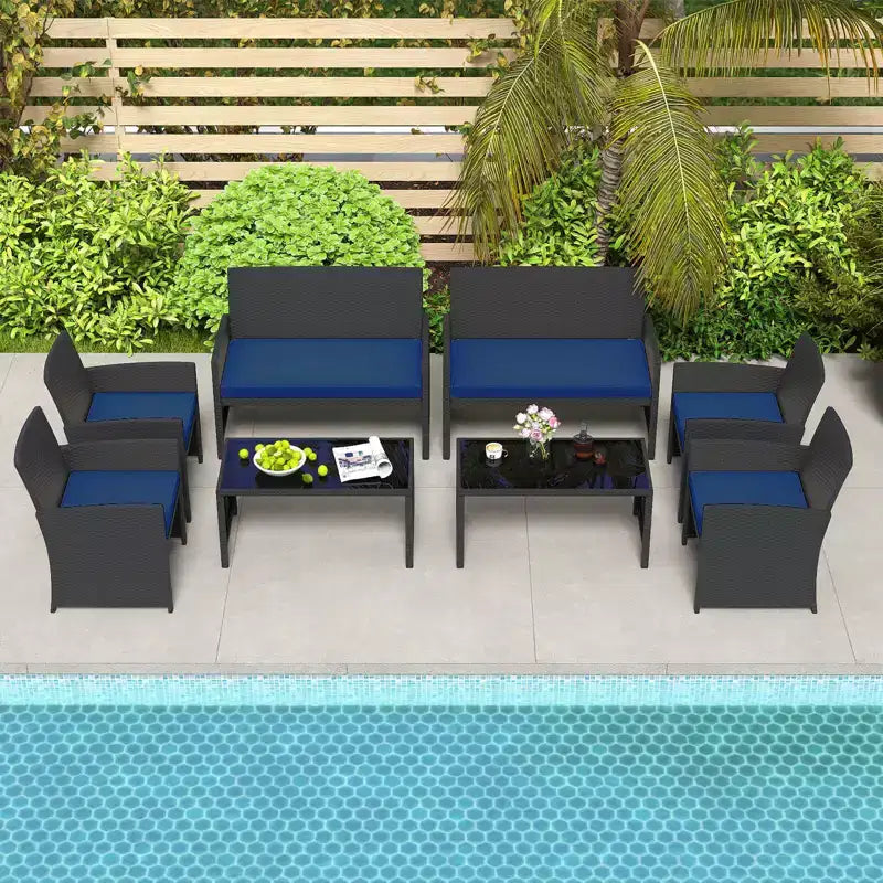 Costway 8-teiliges Terrassen-Sitzgruppen-Set mit Sitzkissen & Tischplatte aus gehärtetem Glas, Outdoor Rot/Schwarz/Off-White/Grau/Türkis/Navy