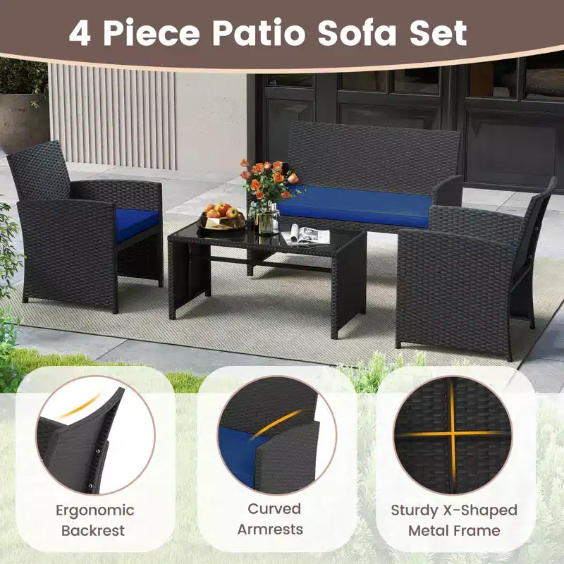 Costway 8-teiliges Terrassen-Sitzgruppen-Set mit Sitzkissen & Tischplatte aus gehärtetem Glas, Outdoor Rot/Schwarz/Off-White/Grau/Türkis/Navy