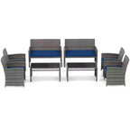 Costway 8-teiliges Terrassen-Sitzgruppen-Set mit Sitzkissen & Tischplatte aus gehärtetem Glas, Outdoor Rot/Schwarz/Off-White/Grau/Türkis/Navy