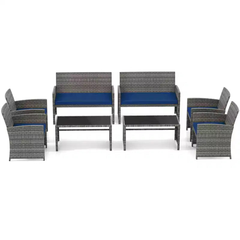 Costway 8-teiliges Terrassen-Sitzgruppen-Set mit Sitzkissen & Tischplatte aus gehärtetem Glas, Outdoor Rot/Schwarz/Off-White/Grau/Türkis/Navy