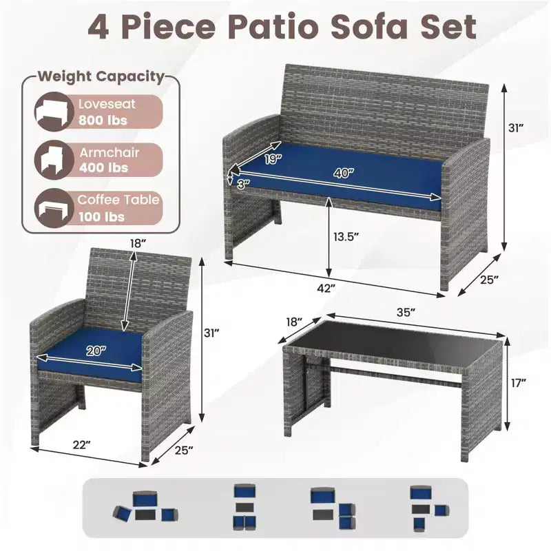 Costway 8-teiliges Terrassen-Sitzgruppen-Set mit Sitzkissen & Tischplatte aus gehärtetem Glas, Outdoor Rot/Schwarz/Off-White/Grau/Türkis/Navy