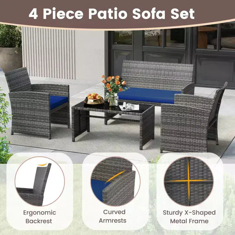 Costway 8-teiliges Terrassen-Sitzgruppen-Set mit Sitzkissen & Tischplatte aus gehärtetem Glas, Outdoor Rot/Schwarz/Off-White/Grau/Türkis/Navy