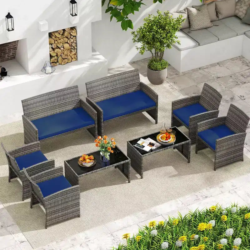Costway 8-teiliges Terrassen-Sitzgruppen-Set mit Sitzkissen & Tischplatte aus gehärtetem Glas, Outdoor Rot/Schwarz/Off-White/Grau/Türkis/Navy