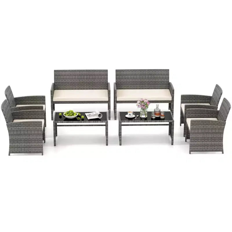Costway 8-teiliges Terrassen-Sitzgruppen-Set mit Sitzkissen & Tischplatte aus gehärtetem Glas, Outdoor Rot/Schwarz/Off-White/Grau/Türkis/Navy