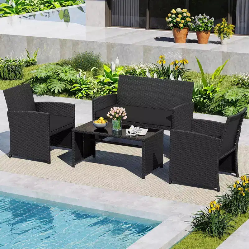 Costway 8-teiliges Terrassen-Sitzgruppen-Set mit Sitzkissen & Tischplatte aus gehärtetem Glas, Outdoor Rot/Schwarz/Off-White/Grau/Türkis/Navy