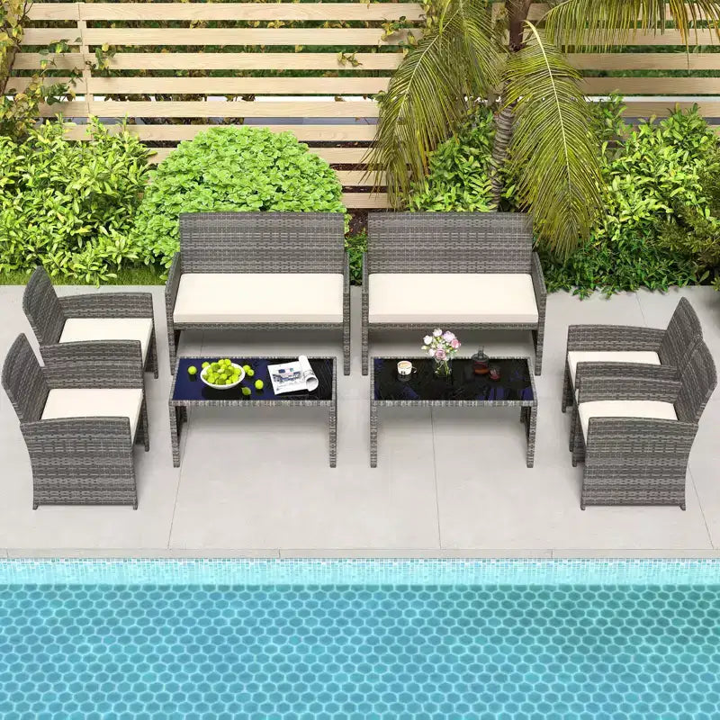 Costway 8-teiliges Terrassen-Sitzgruppen-Set mit Sitzkissen & Tischplatte aus gehärtetem Glas, Outdoor Rot/Schwarz/Off-White/Grau/Türkis/Navy
