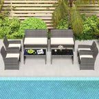 Costway 8-teiliges Terrassen-Sitzgruppen-Set mit Sitzkissen & Tischplatte aus gehärtetem Glas, Outdoor Rot/Schwarz/Off-White/Grau/Türkis/Navy